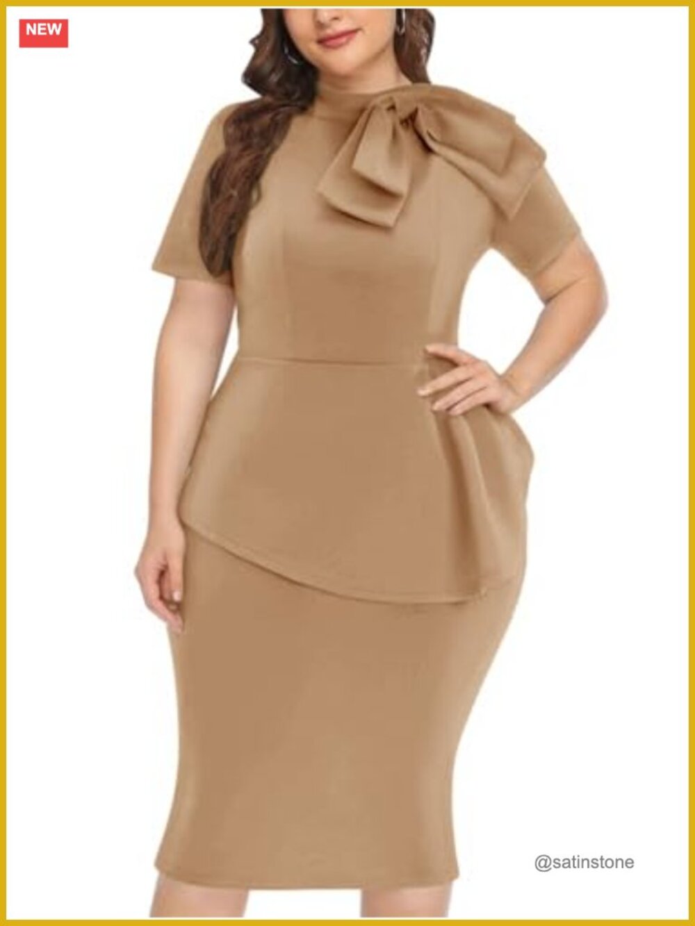 Plus Size Bodycon Peplum Cocktail Dress Midi Short Sleeve Ruffle Pencil